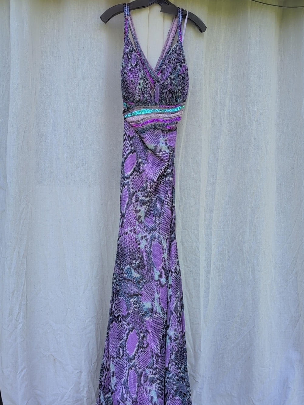 Beyond By Jovani - Size 14 - Purple Snake-Print V-Neck Maxi Dress